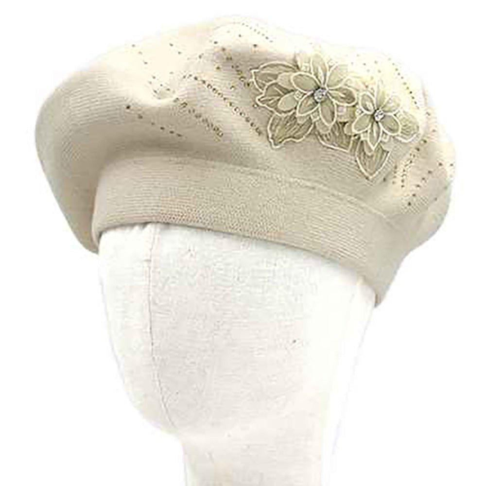 Women's Floral Applique Accent Winter Beret Hat - Che Cose Belle