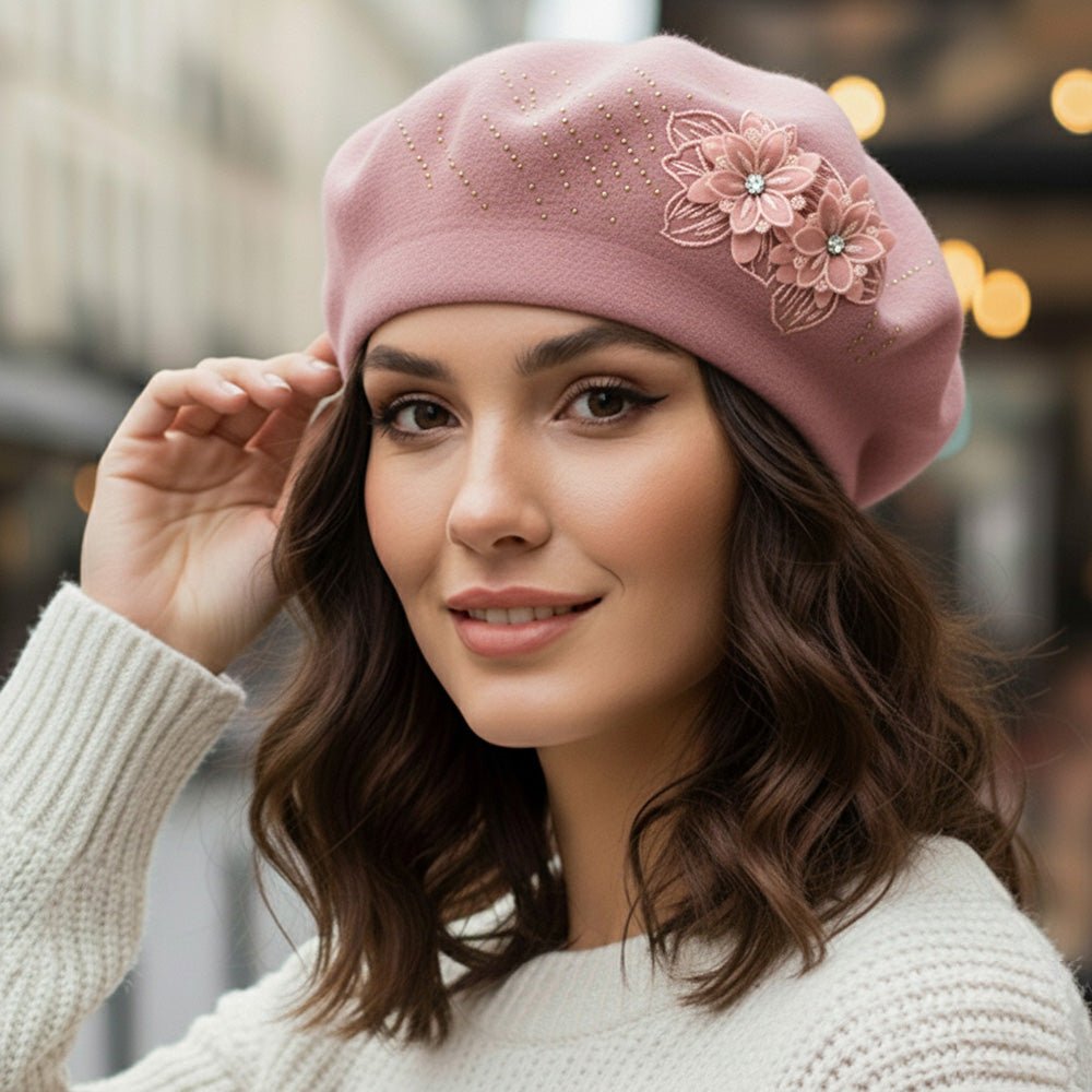Women's Floral Applique Accent Winter Beret Hat - Che Cose Belle