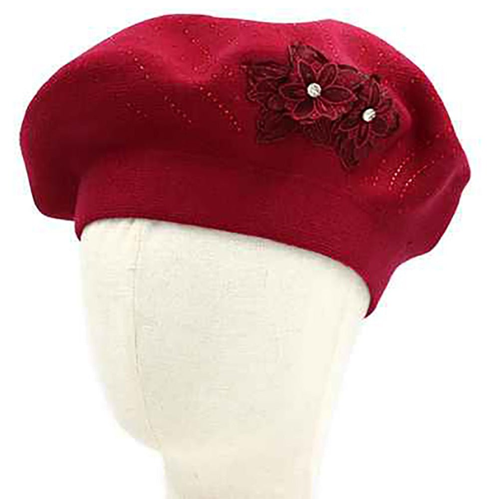 Women's Floral Applique Accent Winter Beret Hat - Che Cose Belle