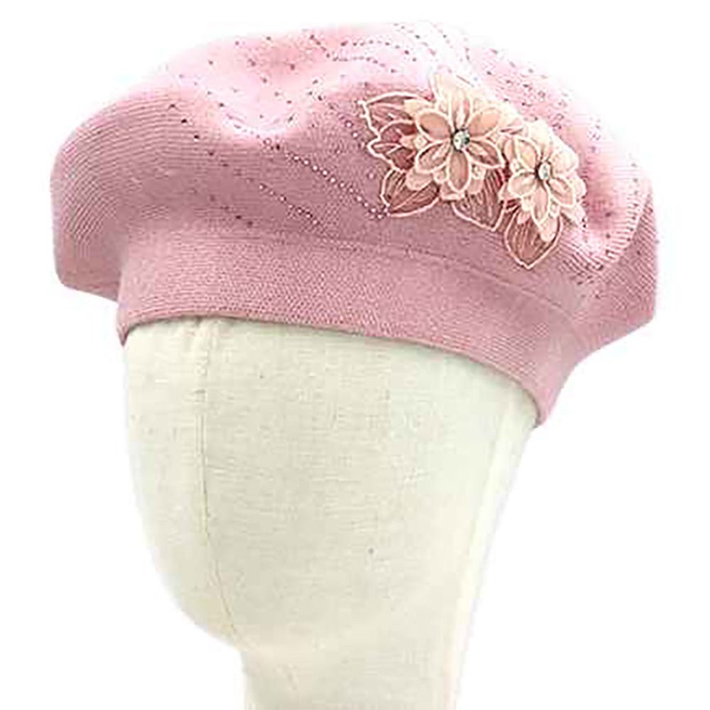 Women's Floral Applique Accent Winter Beret Hat - Che Cose Belle