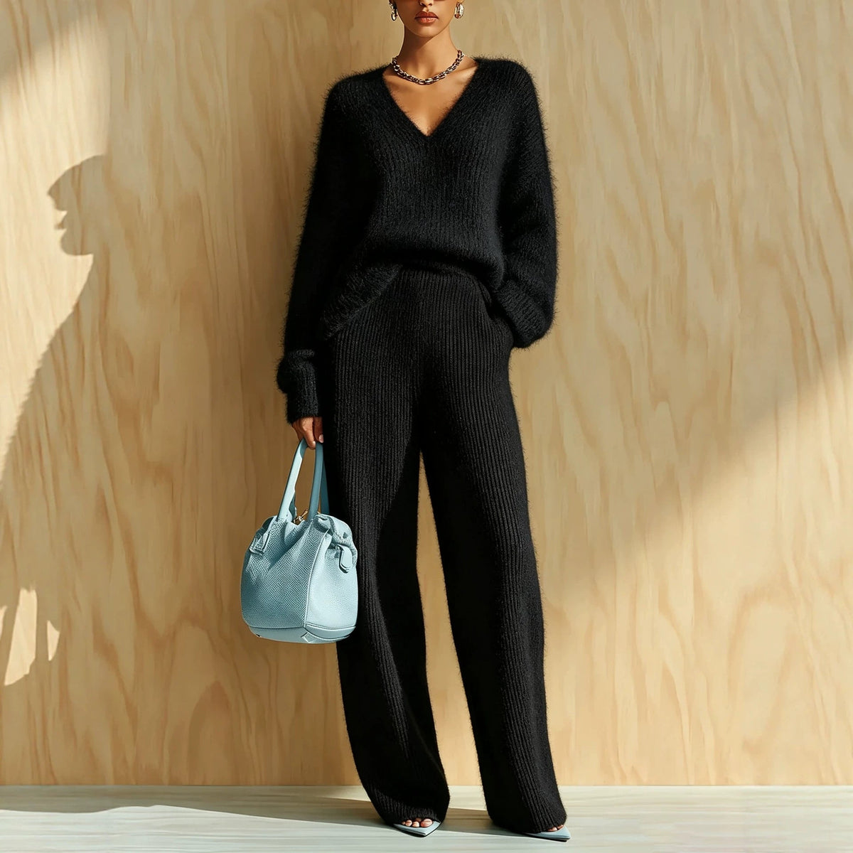 Women's Fluffy V-Neck Oversized Sweater & Wide-Rib Wide-Leg Knit Trouser Set - Che Cose Belle