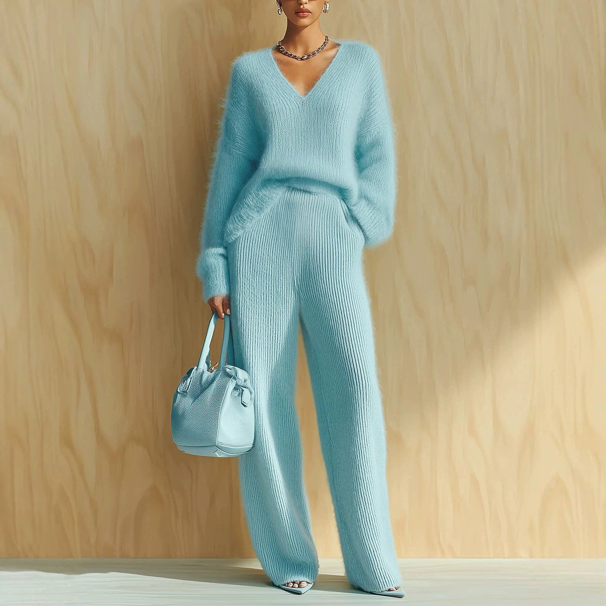 Women's Fluffy V-Neck Oversized Sweater & Wide-Rib Wide-Leg Knit Trouser Set - Che Cose Belle