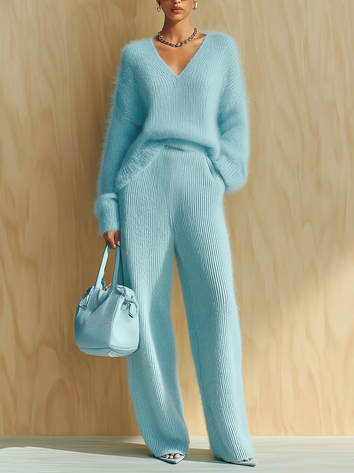 Women's Fluffy V-Neck Oversized Sweater & Wide-Rib Wide-Leg Knit Trouser Set - Che Cose Belle