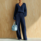 Women's Fluffy V-Neck Oversized Sweater & Wide-Rib Wide-Leg Knit Trouser Set - Che Cose Belle