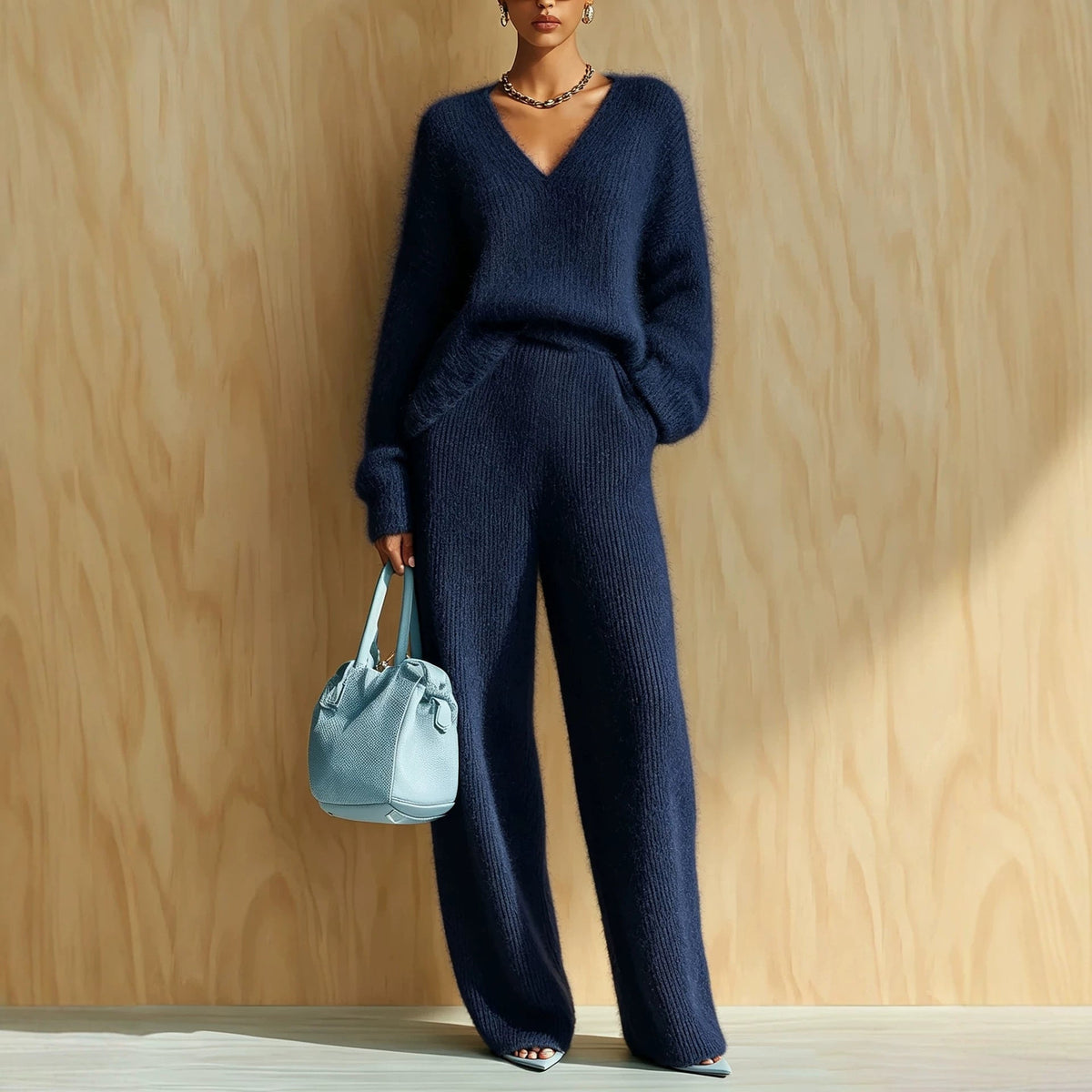 Women's Fluffy V-Neck Oversized Sweater & Wide-Rib Wide-Leg Knit Trouser Set - Che Cose Belle