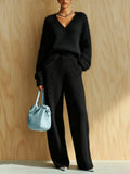 Women's Fluffy V-Neck Oversized Sweater & Wide-Rib Wide-Leg Knit Trouser Set - Che Cose Belle