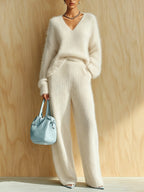 Women's Fluffy V-Neck Oversized Sweater & Wide-Rib Wide-Leg Knit Trouser Set - Che Cose Belle