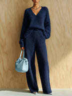 Women's Fluffy V-Neck Oversized Sweater & Wide-Rib Wide-Leg Knit Trouser Set - Che Cose Belle
