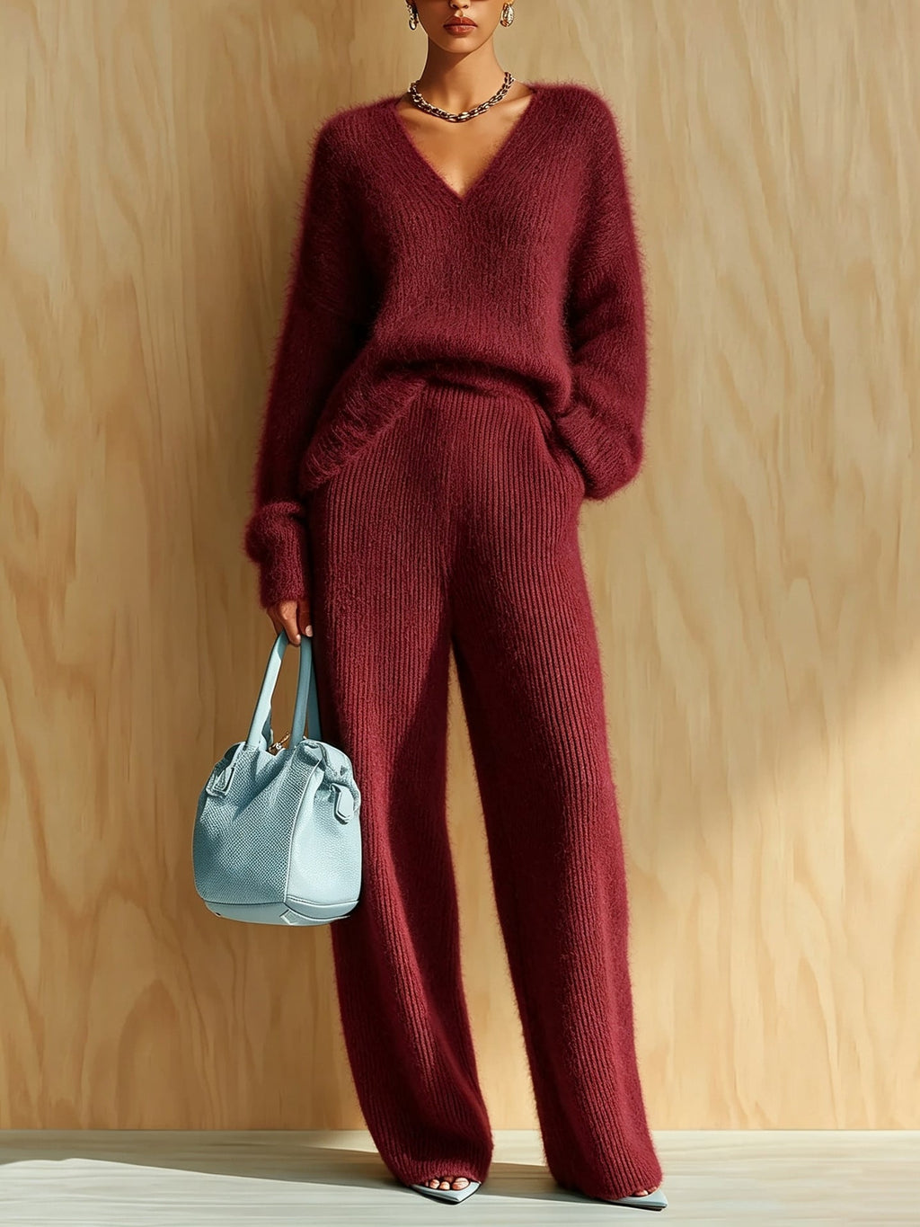 Women's Fluffy V-Neck Oversized Sweater & Wide-Rib Wide-Leg Knit Trouser Set - Che Cose Belle