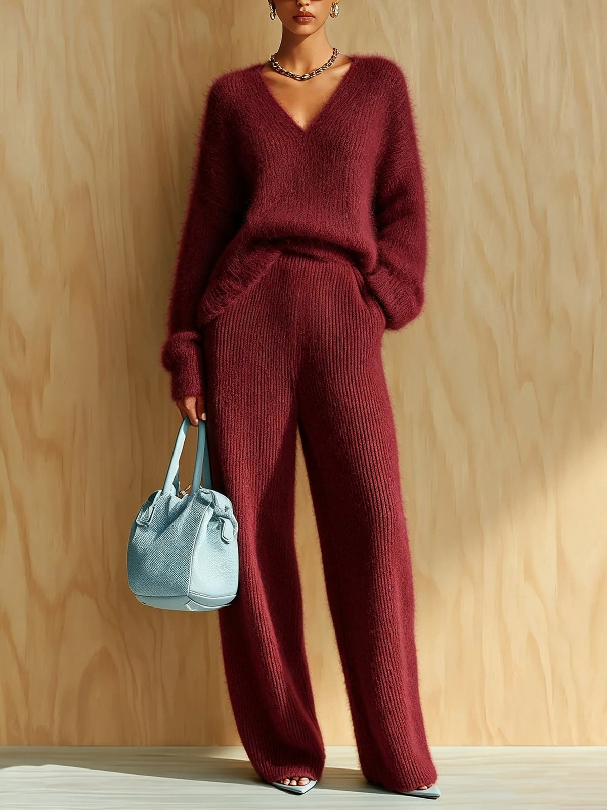 Women's Fluffy V-Neck Oversized Sweater & Wide-Rib Wide-Leg Knit Trouser Set - Che Cose Belle