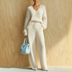 Women's Fluffy V-Neck Oversized Sweater & Wide-Rib Wide-Leg Knit Trouser Set - Che Cose Belle