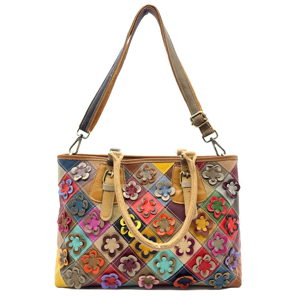 Womens Genuine Leather Casual Handbag With Hand-stitched Plum Blossom Patchwork - Che Cose Belle