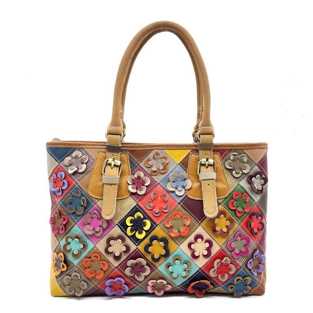 Womens Genuine Leather Casual Handbag With Hand-stitched Plum Blossom Patchwork - Che Cose Belle