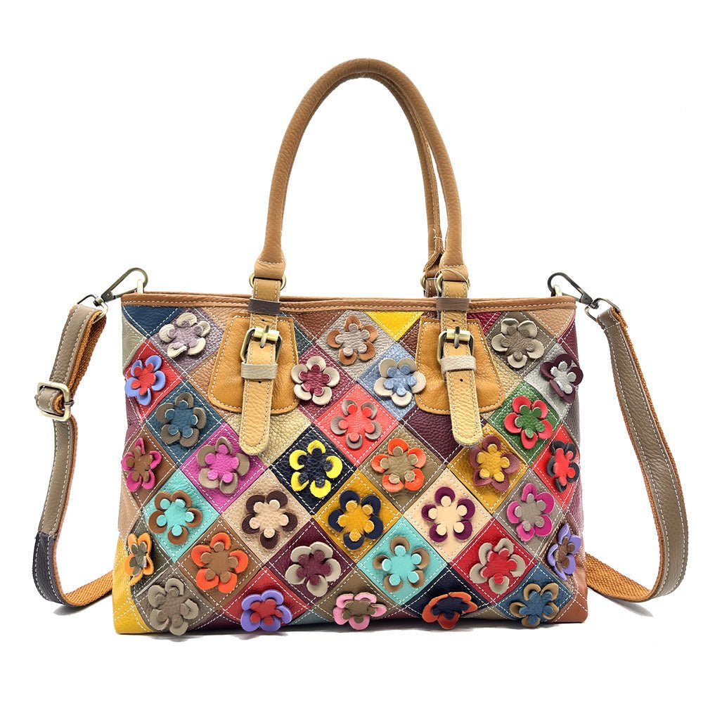 Womens Genuine Leather Casual Handbag With Hand-stitched Plum Blossom Patchwork - Che Cose Belle