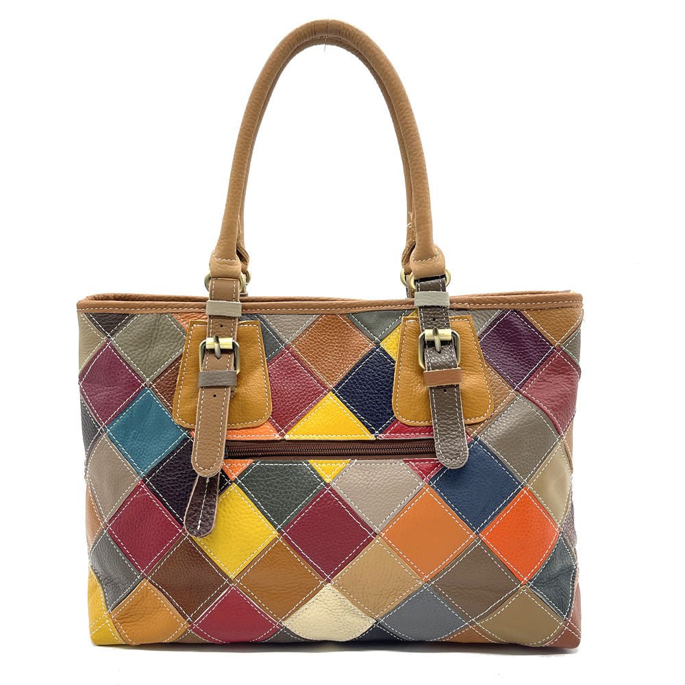 Womens Genuine Leather Casual Handbag With Hand-stitched Plum Blossom Patchwork - Che Cose Belle