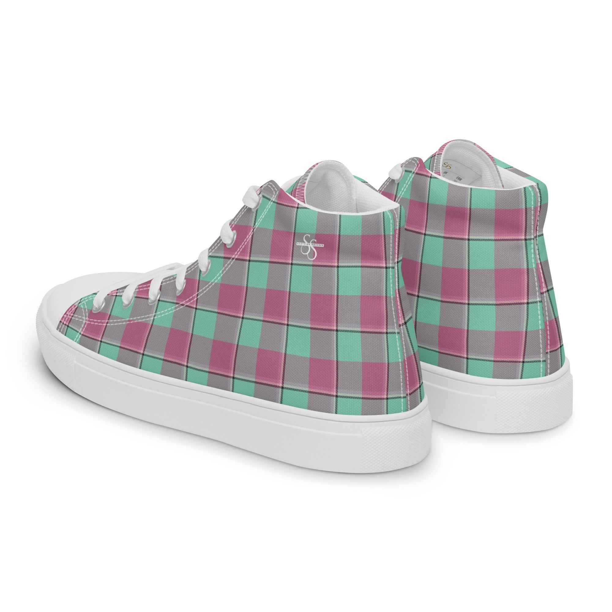 Women’s High Top Canvas Shoes Vista Blue and Turkish Rose Plaid