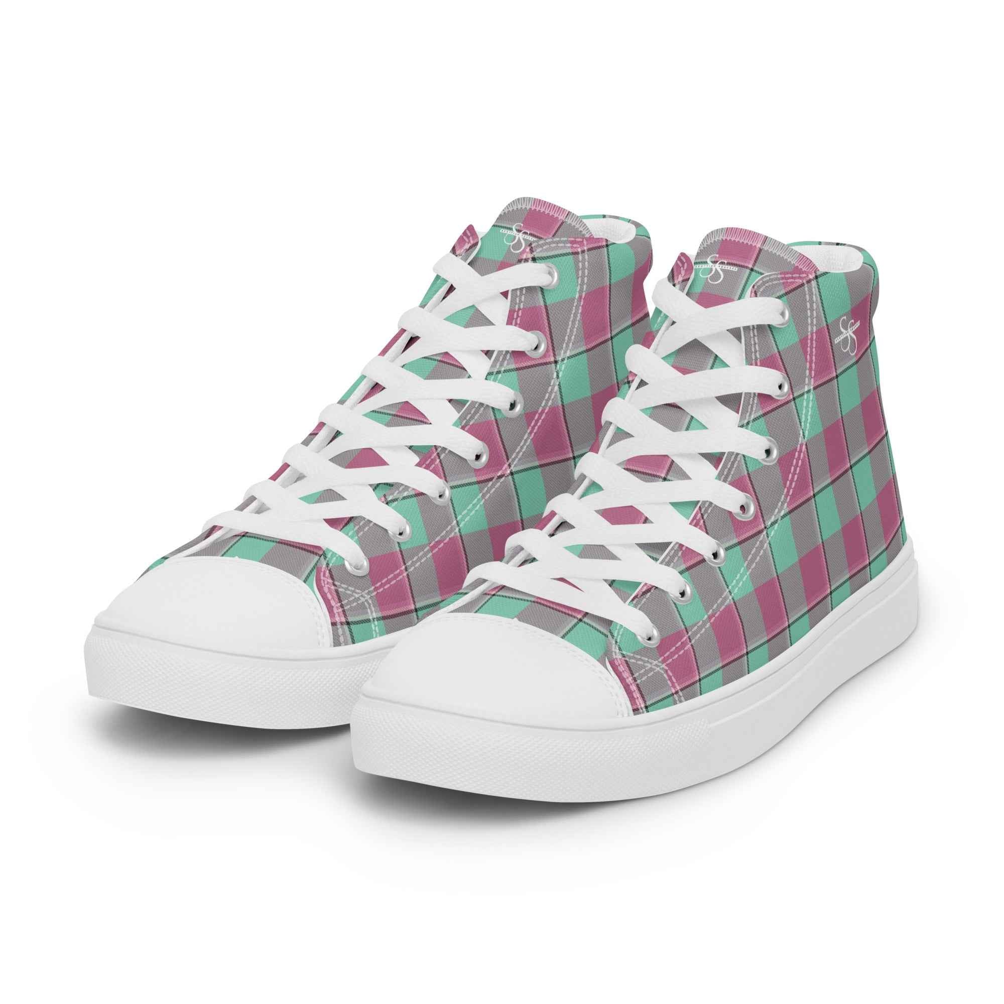 Women’s High Top Canvas Shoes Vista Blue and Turkish Rose Plaid
