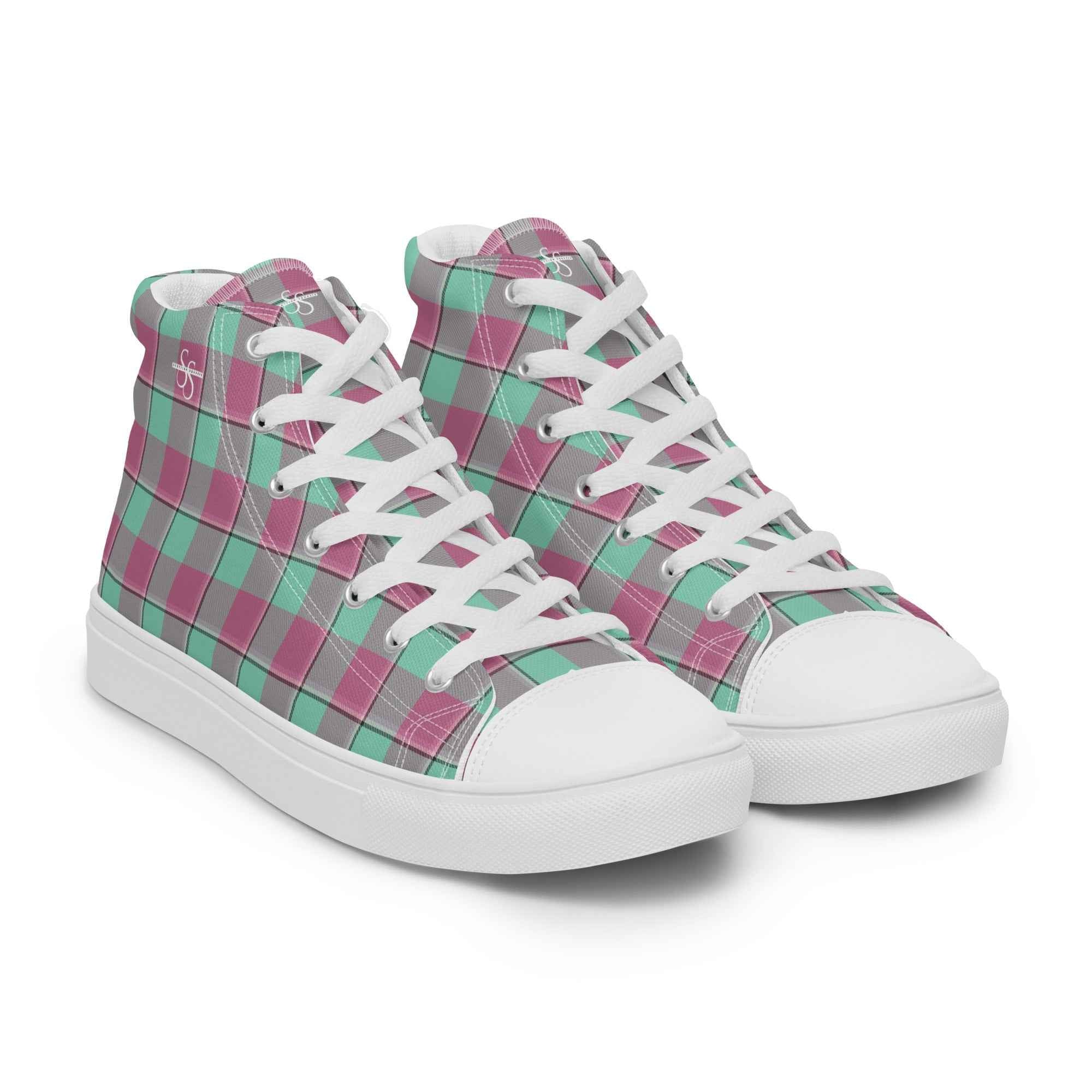 Women’s High Top Canvas Shoes Vista Blue and Turkish Rose Plaid