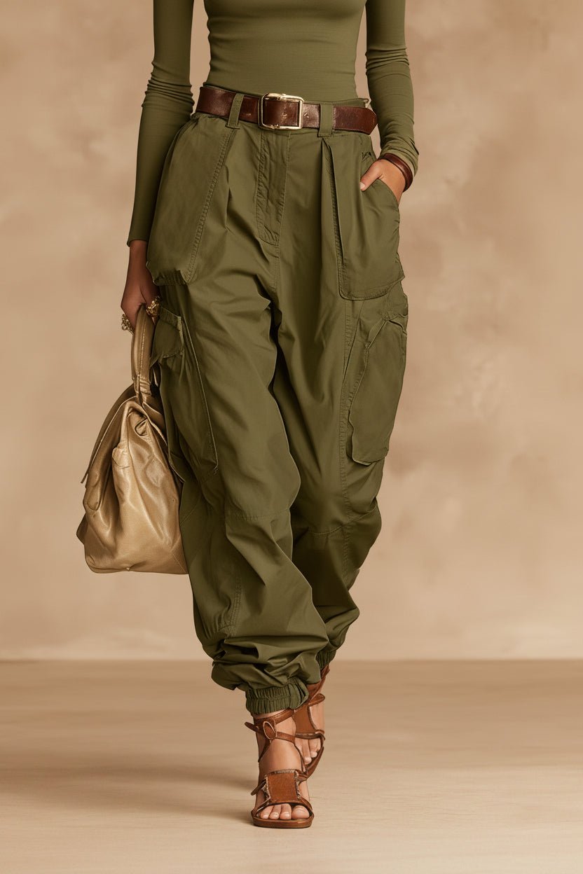 Women's High-Waist Cargo Parachute Pants with Elastic Ankle Cuffs - Che Cose Belle