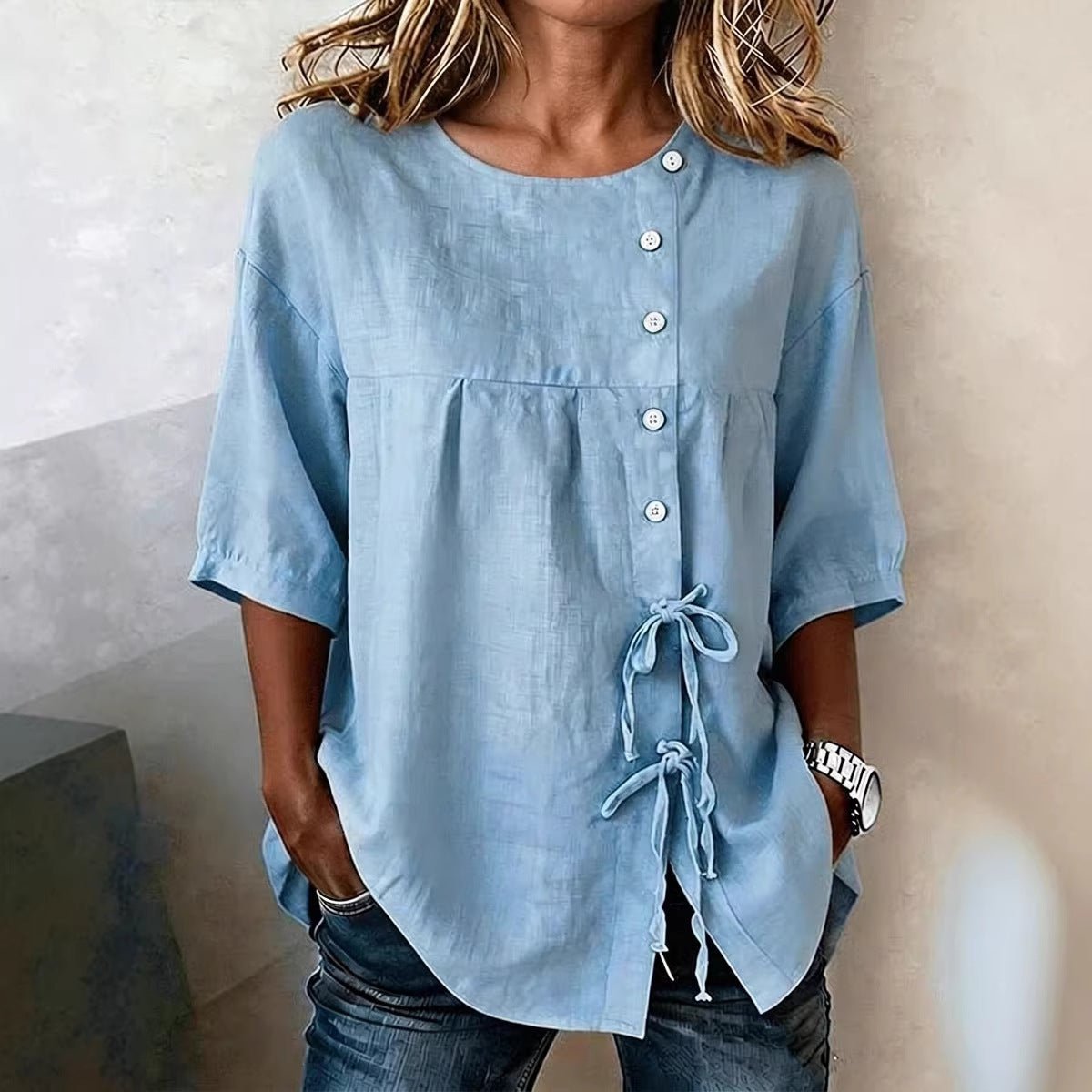 Women's Lace-Up Button Shirt – 3/4 Sleeve Asymmetric - Che Cose Belle