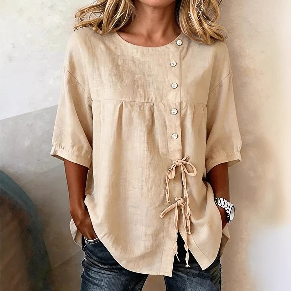 Women's Lace-Up Button Shirt – 3/4 Sleeve Asymmetric - Che Cose Belle
