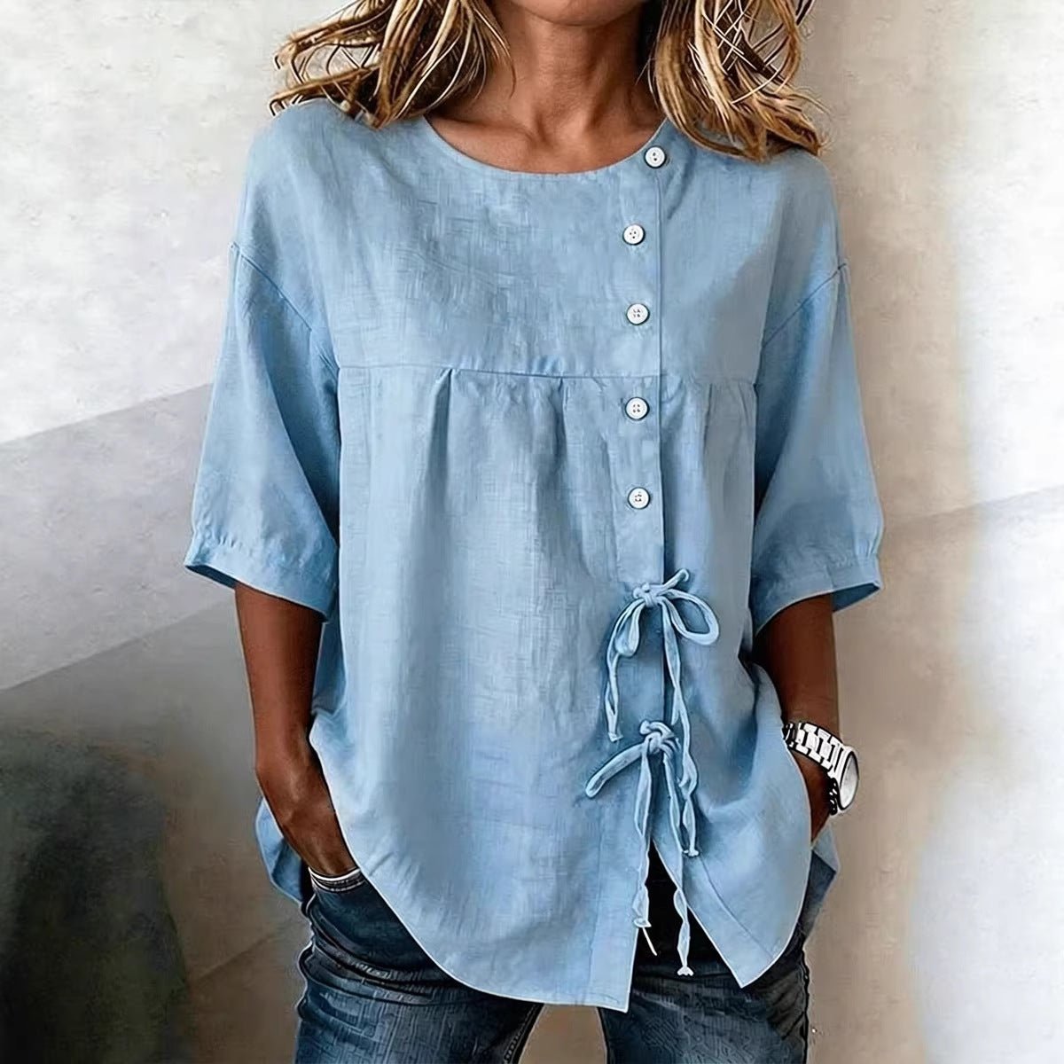 Women's Lace-Up Button Shirt – 3/4 Sleeve Asymmetric - Che Cose Belle