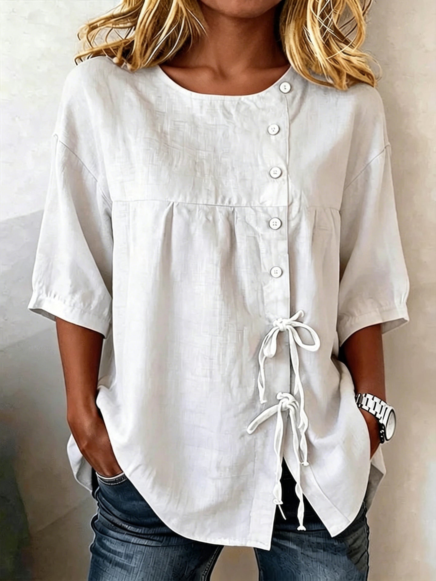 Women's Lace-Up Button Shirt – 3/4 Sleeve Asymmetric - Che Cose Belle
