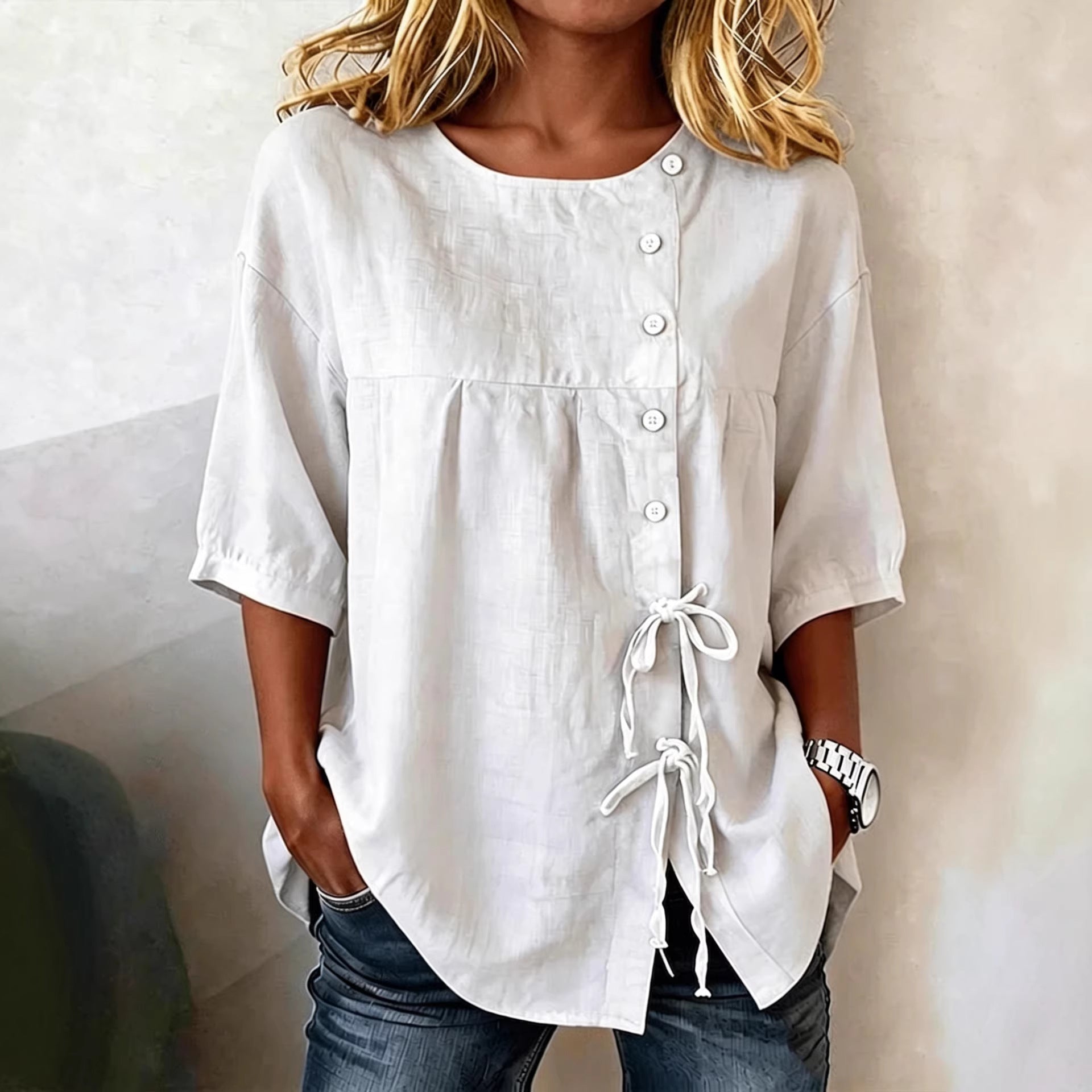 Women's Lace-Up Button Shirt – 3/4 Sleeve Asymmetric - Che Cose Belle
