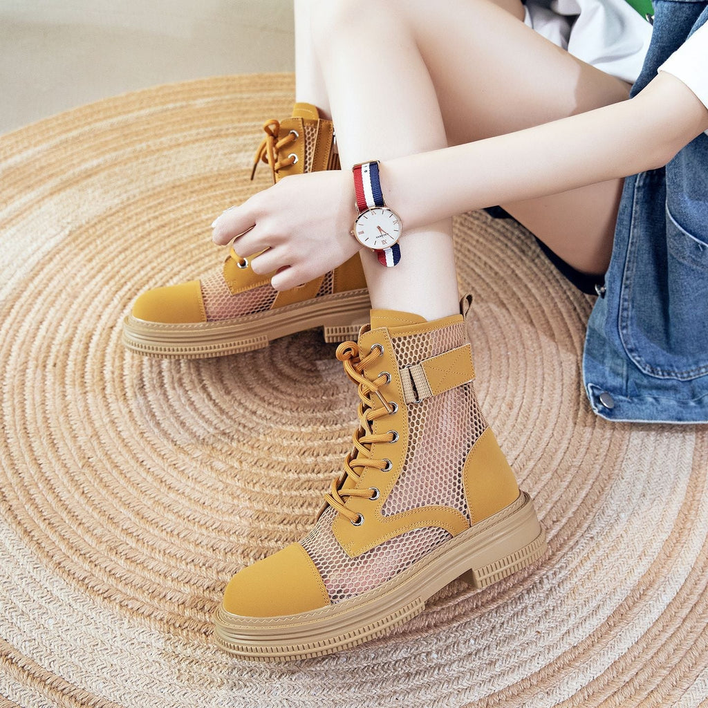 Women's Lace-Up Mesh Cutout Ankle Boots - Che Cose Belle