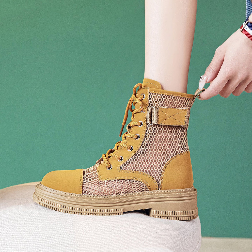 Women's Lace-Up Mesh Cutout Ankle Boots - Che Cose Belle
