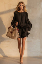 Women's Lantern Sleeve Ruffle Hem Top & Ruffle Shorts Linen-Style Two-Piece Set - Che Cose Belle