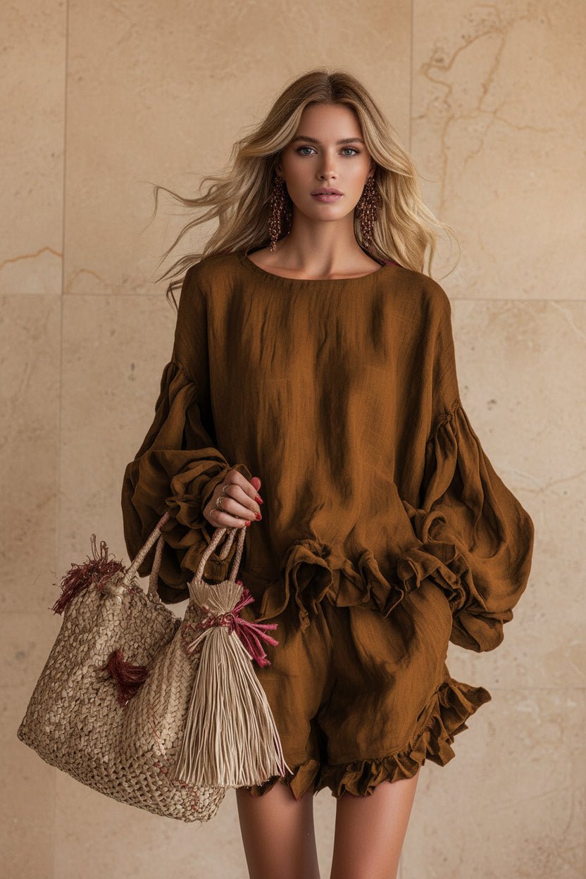 Women's Lantern Sleeve Ruffle Hem Top & Ruffle Shorts Linen-Style Two-Piece Set - Che Cose Belle