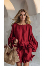 Women's Lantern Sleeve Ruffle Hem Top & Ruffle Shorts Linen-Style Two-Piece Set - Che Cose Belle