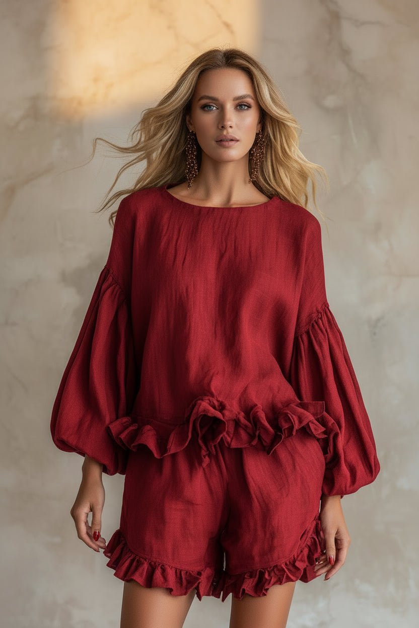 Women's Lantern Sleeve Ruffle Hem Top & Ruffle Shorts Linen-Style Two-Piece Set - Che Cose Belle