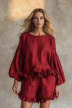 Women's Lantern Sleeve Ruffle Hem Top & Ruffle Shorts Linen-Style Two-Piece Set - Che Cose Belle