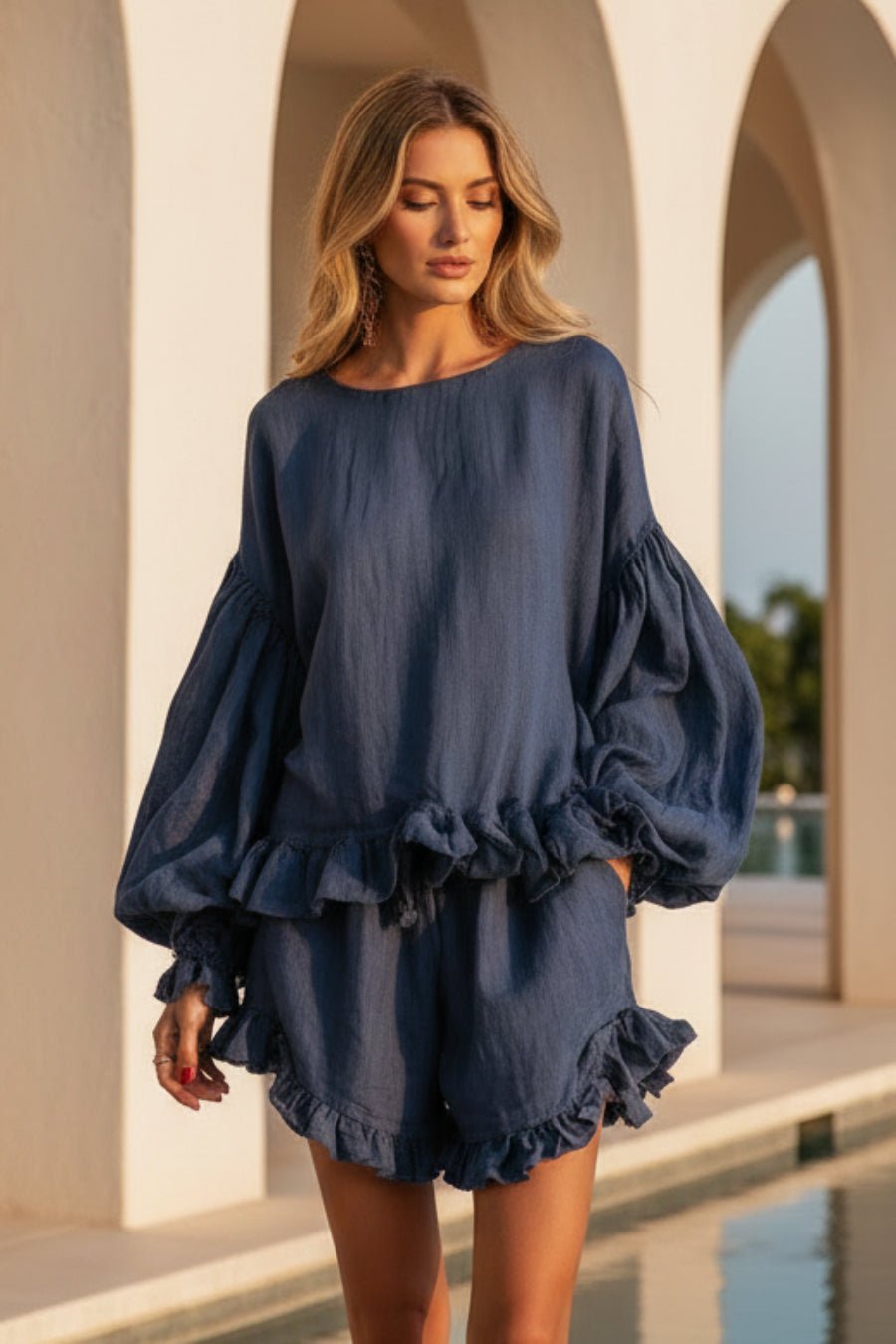 Women's Lantern Sleeve Ruffle Hem Top & Ruffle Shorts Linen-Style Two-Piece Set - Che Cose Belle