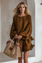 Women's Lantern Sleeve Ruffle Hem Top & Ruffle Shorts Linen-Style Two-Piece Set - Che Cose Belle