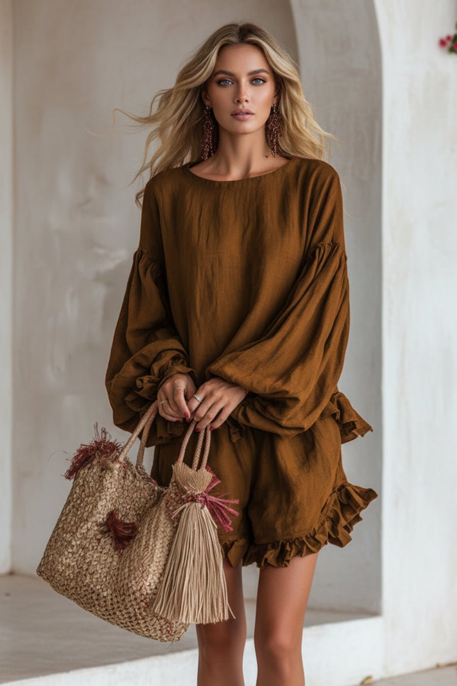 Women's Lantern Sleeve Ruffle Hem Top & Ruffle Shorts Linen-Style Two-Piece Set - Che Cose Belle