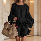 Women's Lantern Sleeve Ruffle Hem Top & Ruffle Shorts Linen-Style Two-Piece Set - Che Cose Belle