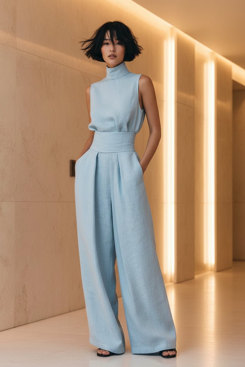 Women's Linen-Blend High-Neck Sleeveless Top & Wide-Leg Pants Set - Che Cose Belle