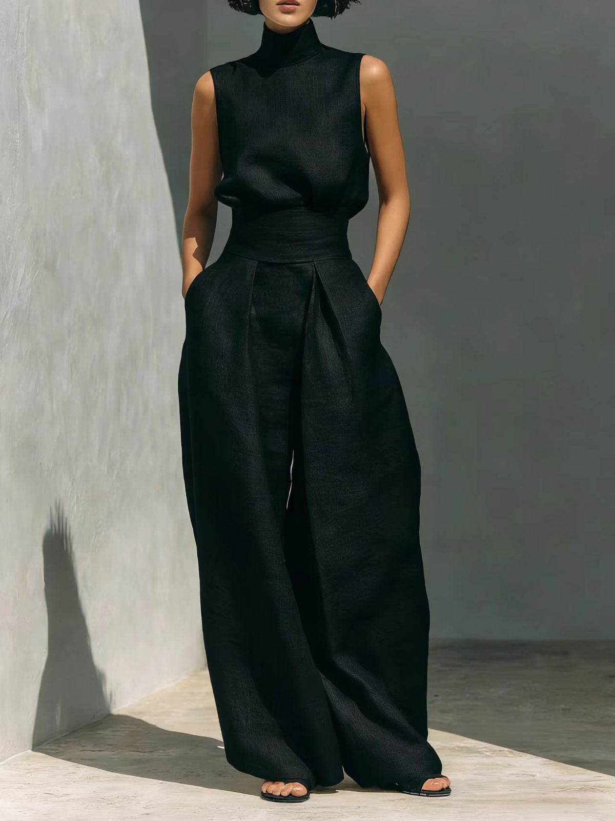 Women's Linen-Blend High-Neck Sleeveless Top & Wide-Leg Pants Set - Che Cose Belle