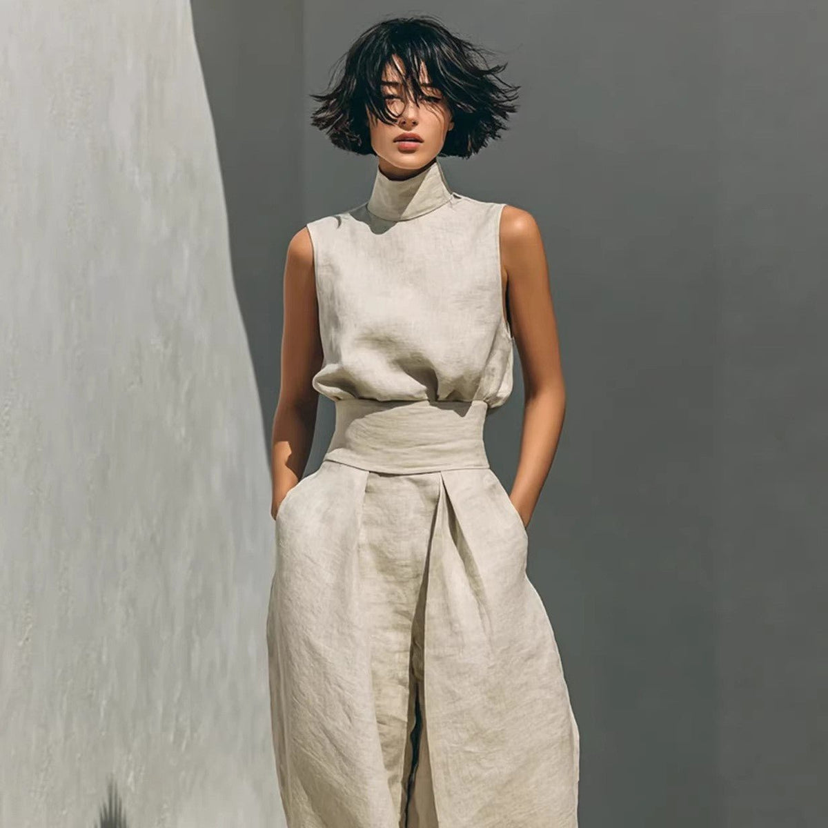 Women's Linen-Blend High-Neck Sleeveless Top & Wide-Leg Pants Set - Che Cose Belle