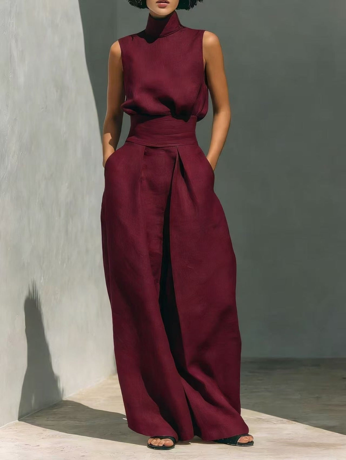 Women's Linen-Blend High-Neck Sleeveless Top & Wide-Leg Pants Set - Che Cose Belle