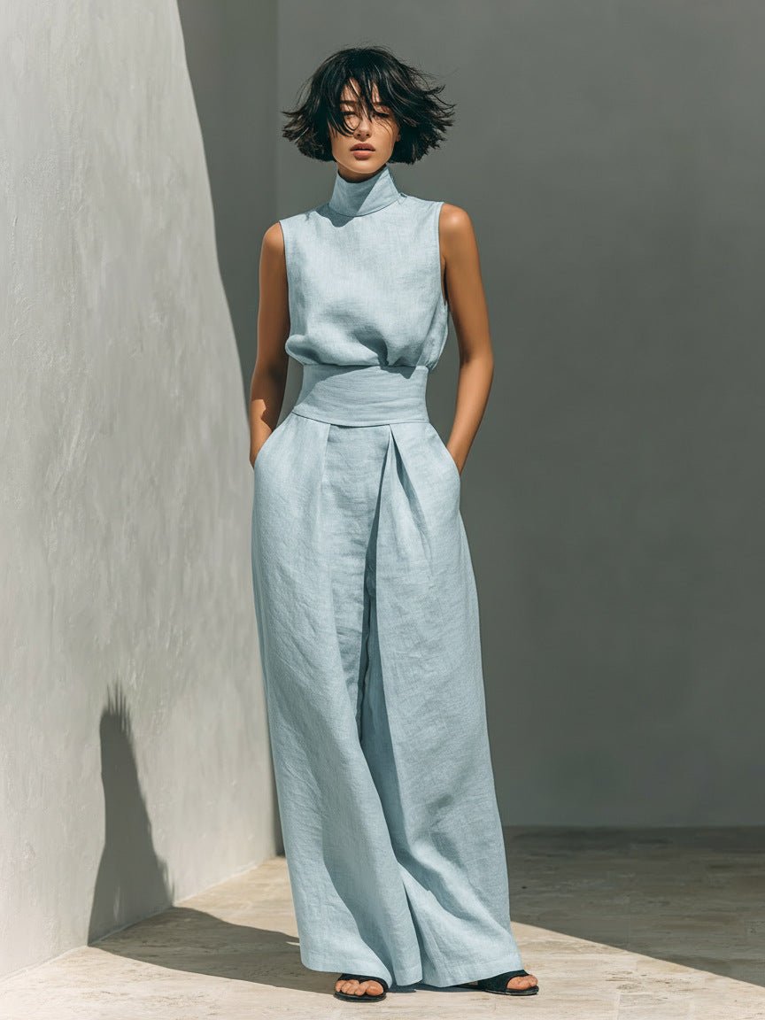 Women's Linen-Blend High-Neck Sleeveless Top & Wide-Leg Pants Set - Che Cose Belle