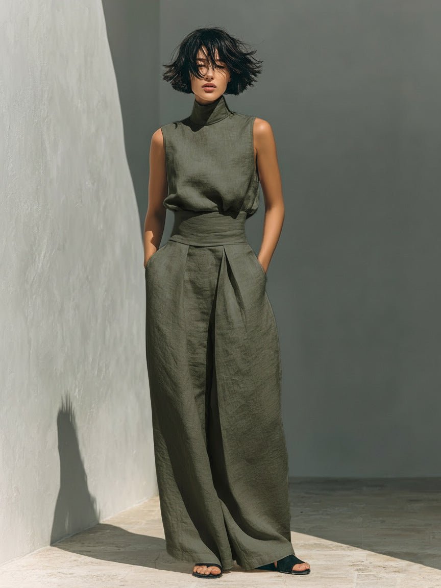 Women's Linen-Blend High-Neck Sleeveless Top & Wide-Leg Pants Set - Che Cose Belle