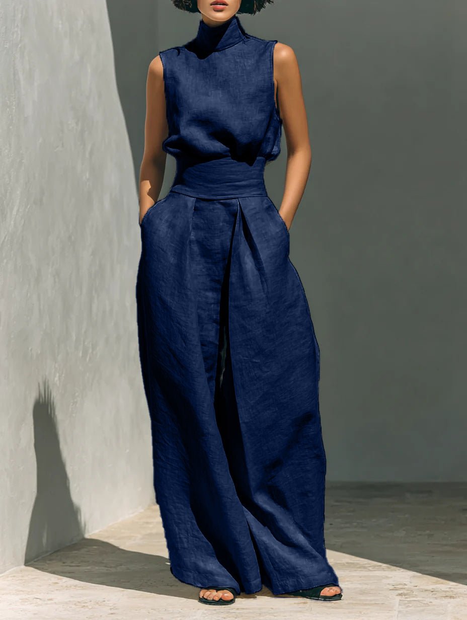 Women's Linen-Blend High-Neck Sleeveless Top & Wide-Leg Pants Set - Che Cose Belle