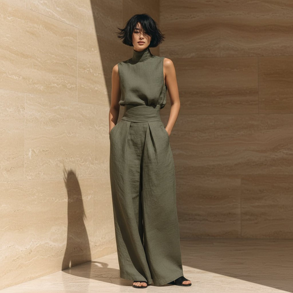 Women's Linen-Blend High-Neck Sleeveless Top & Wide-Leg Pants Set - Che Cose Belle