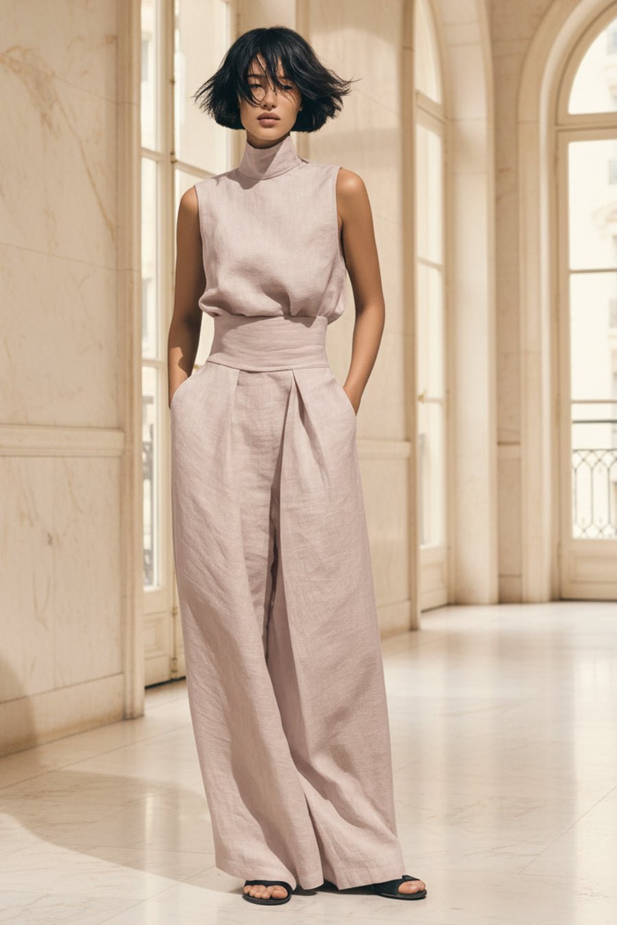 Women's Linen-Blend High-Neck Sleeveless Top & Wide-Leg Pants Set - Che Cose Belle