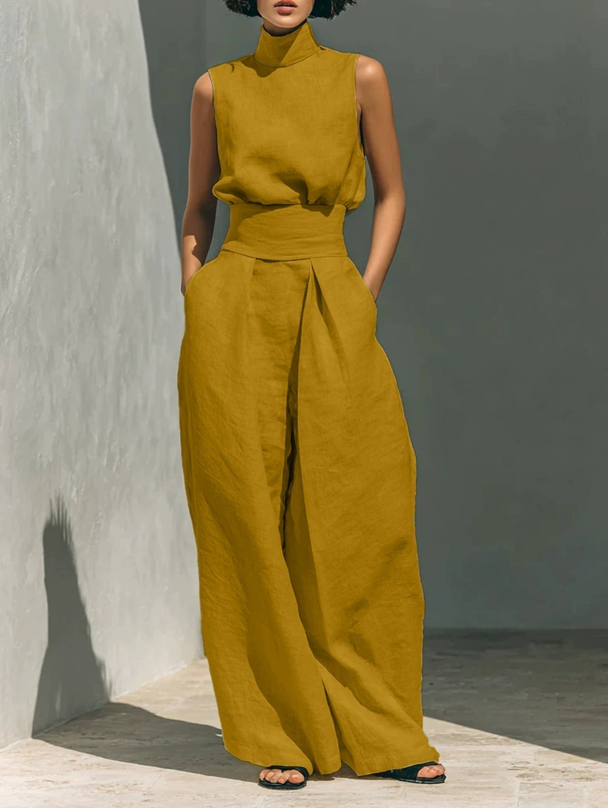 Women's Linen-Blend High-Neck Sleeveless Top & Wide-Leg Pants Set - Che Cose Belle