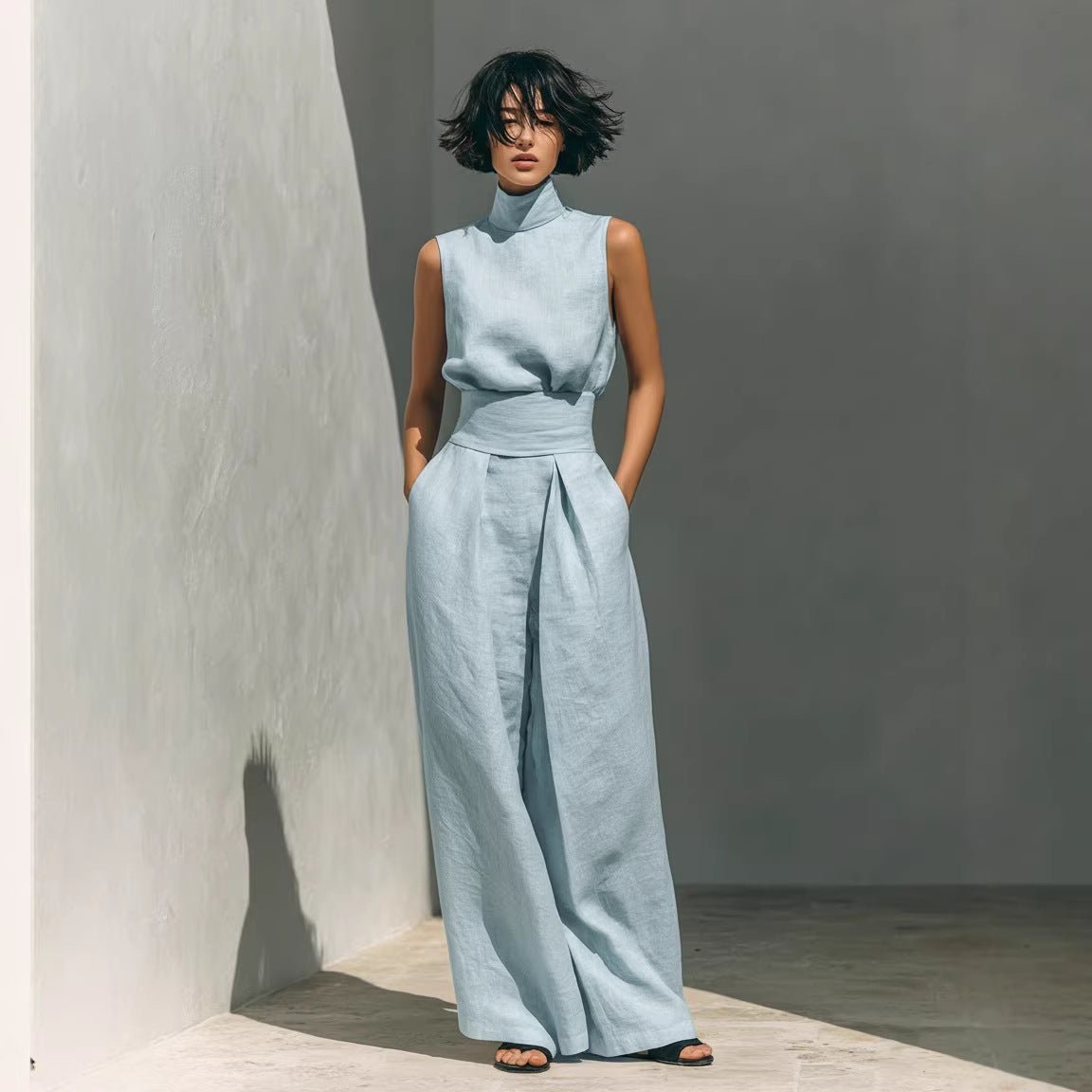 Women's Linen-Blend High-Neck Sleeveless Top & Wide-Leg Pants Set - Che Cose Belle